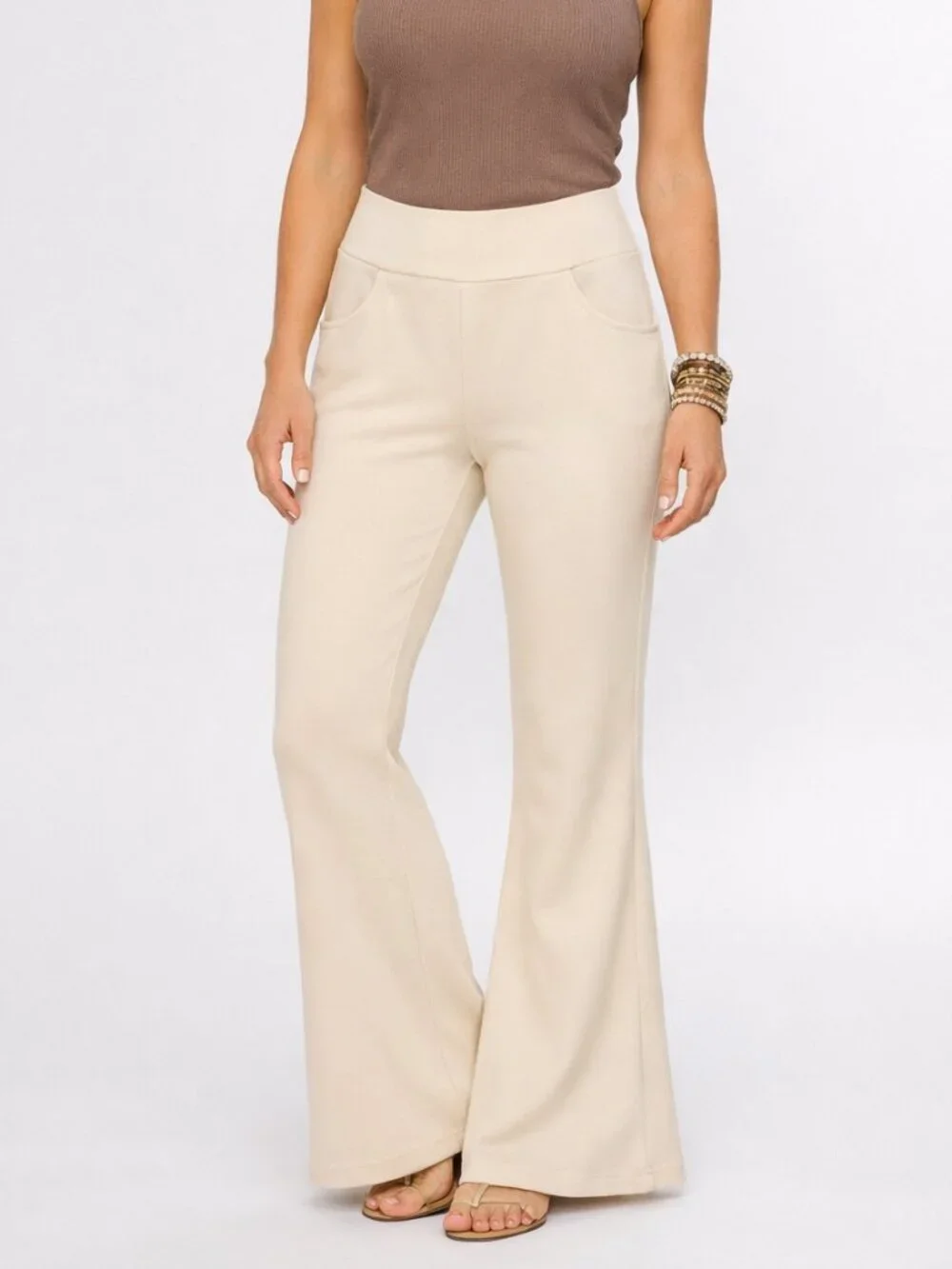 Cream Pull-On Flare Pants Textured Stretch Knit Wide Waistband Large